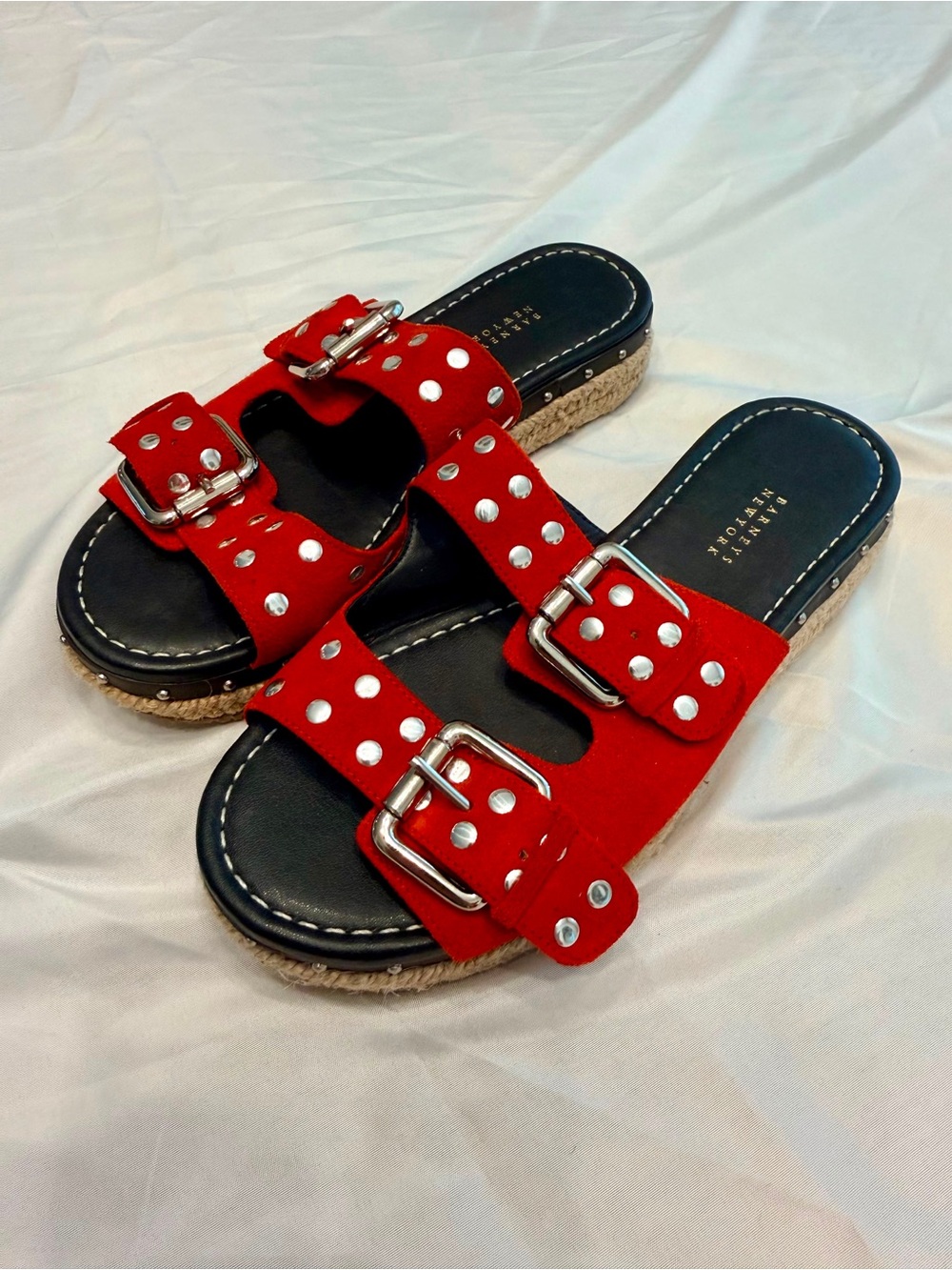 Barneys New York Red Studded Double-Buckle Slide Sandals